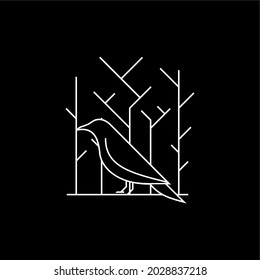 Modern, Minimalist, Geometric, Black And White Dead Forest And Raven Line Art Tattoo, Poster T-shirt Design Vector Illustration