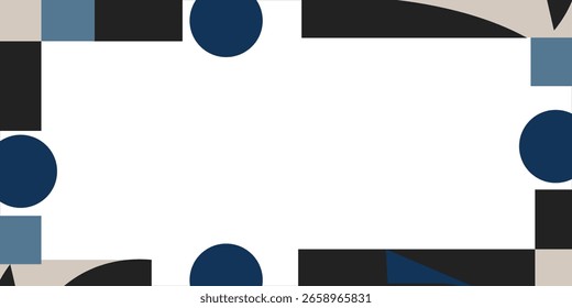 Fondo de marco geométrico minimalista moderno. Fondo geométrico minimalista con Formas abstractas de azul marino, negro y beige que enmarcan un centro blanco limpio.