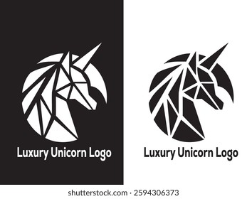 Modern, minimalist geometric unicorn logo.  Black and white design, perfect for branding.