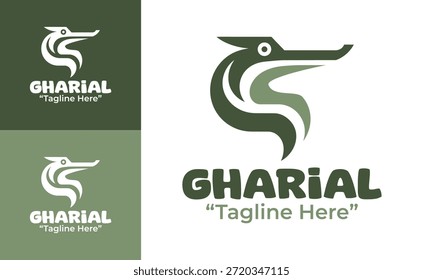 Un moderno logotipo minimalista de gavial diseñado para proyectos basados en el río y la marca de vida silvestre acuática.