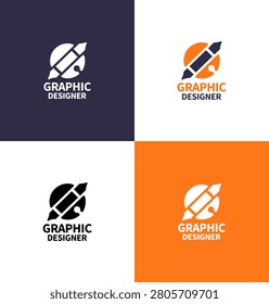 A modern minimalist graphic designer logo with stylus and palette elements in orange and dark purple tones designed for profession branding and design studio services.