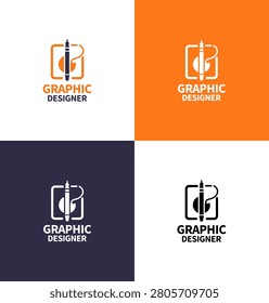 A modern minimalist graphic designer logo featuring a stylus and palette in orange and dark purple tones designed for profession branding and creative visual identity.