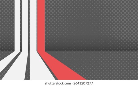 Modern Minimalist Gray Background with Pop Art Dots, Red Accent Stripe, and Two White Stripes for Creative Design Projects and Abstract Wall Art Decor
