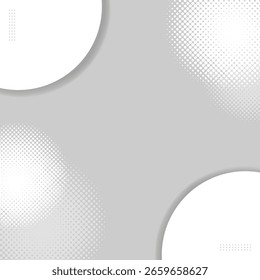 Modern minimalist gray background with white circles and halftone effect. Vector illustration.