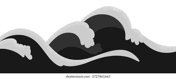 Moderno minimalista fundo de onda em tons de cinza com ondas estilizadas em preto e branco e textura de grão sutil. Ilustração oceânica de alto contraste, em estilo de papel. Design gráfico elegante.