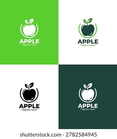 A modern minimalist green apple fruit logo in green tones featuring flat and lineart visuals for branding and natural identity design