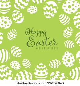 Modern minimalist green happy easter card template with white decorated eggs