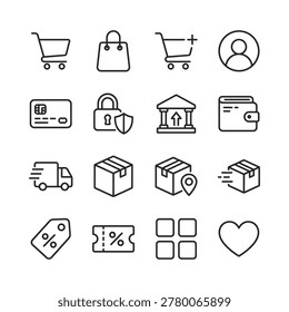 Modern minimalist grid of 12 black line ecommerce icons depicting shopping carts, bags, credit cards, packages and trucks isolated on a pristine white background for web and mobile