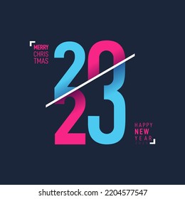 Modern minimalist Happy New Year card for 2023 with main big numbers. Vector Christmas decorations. New Year illustration. 2023 logo text design. Template celebration typography poster, greeting card.