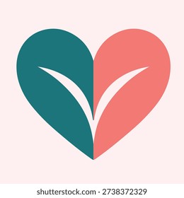 Modern minimalist heart logo split vertically between deep teal and soft coral pink halves, with a symmetrical white leaf-like or checkmark element emerging from the base and curving upward along both inner contours. Clean vector design suggesting growth, balance, and natural harmony against pale peachy-pink background. Versatile brand mark ideal for wellness, eco-friendly, vegan, or health-conscious companies seeking fresh contemporary identity.