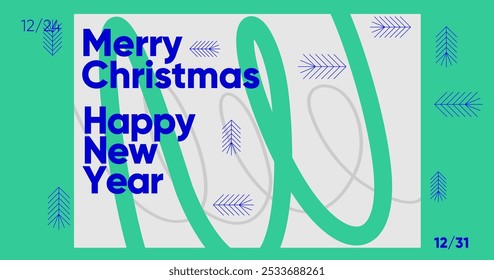 Modern minimalist holiday poster with geometric lines and bold blue text for Christmas and New Year 2025. Green and blue abstract shapes with festive design elements.