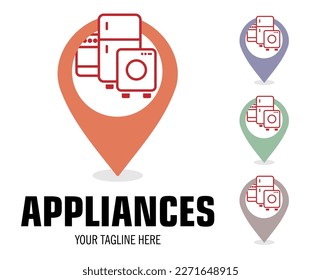 Modern minimalist home appliance store logo. Refrigerator stove and washing machine icon. 