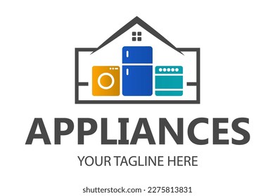 Modern minimalist home appliance store logo. Refrigerator stove and washing machine icon. 