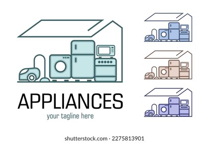 Modern minimalist home appliance store logo. Refrigerator stove and washing machine icon. 