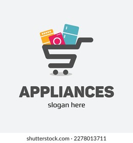 Modern minimalist home appliance store logo. Refrigerator stove and washing machine icon. 