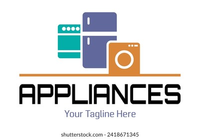 Modern minimalist home appliance store logo. Refrigerator stove and washing machine icon. 