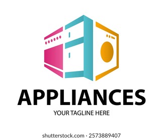 Modern minimalist home appliance store logo. Refrigerator stove and washing machine icon. 