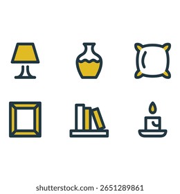 Modern minimalist home decor icons lamp vase pillow frame books candle yellow and navy blue calm mood