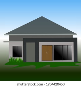 Modern minimalist home image appears front, With green grass and blue sky. Vector illustration