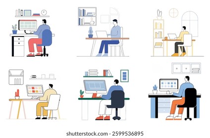 A modern, minimalist home office workspace illustration featuring individuals working at desks with computers and laptops. The clean and stylish setup emphasizes productivity, and organization.