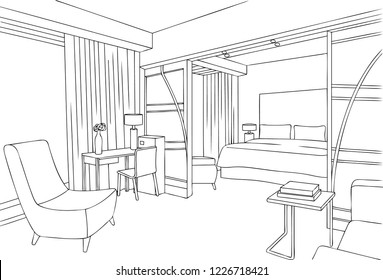 Modern and Minimalist Hotel Room Interior Outine