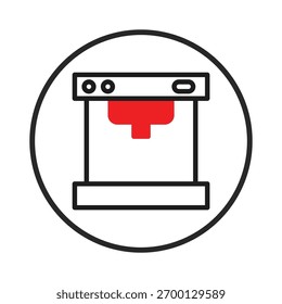 Um ícone moderno e minimalista representando uma impressora 3D com um elemento vermelho, simbólico de criação e inovação. Este design simples encapsula o avanço da fabricação, produção,