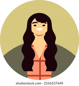 Modern, minimalist illustration featuring a smiling young woman with long, flowing black hair, set against a muted green circular backdrop, conveying a sense of confidence and approachability