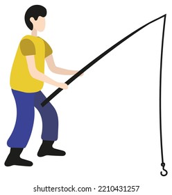 Modern Minimalist Illustration Of A Man In Comfortable Clothes Fishing While Standing. Faceless Male Character With A Fishing Rod In His Hands. Vector Clipart Isolated On Transparent Background