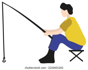 Modern Minimalist Illustration Of A Man In Comfortable Clothes Fishing While Sitting On A Stool. Faceless Male Character With A Fishing Rod In His Hands. Vector Clipart Isolated On Transparent