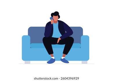 Modern Minimalist Illustration of a Man Talking on the Phone While Seated on a Sofa