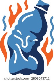 A modern minimalist illustration of a plastic bottle melting and deforming under intense heat, surrounded by flames and heat waves. Ideal for climate change, global warming, environmental awareness, plastic pollution, and sustainability projects