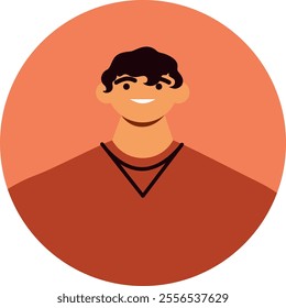 Modern and minimalist illustration of a young man smiling, wearing a brown v neck sweater and sporting dark hair, positioned within a circular frame, conveying a friendly and approachable image