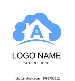Modern Minimalist A Initial Letter Home Cloud Logo Design Template. Real Estate, Building, Mortgage, Cyberspace, Database Storage Business Logo
