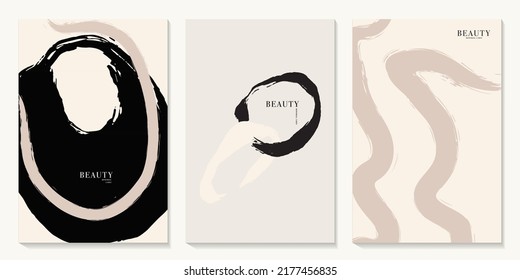 Modern minimalist ink brush paint poster set, abstract shapes background oil paint in vector 