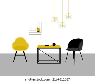 Modern minimalist interior with loft elements. Two armchairs and a table. A memo grid board with a note. Loft lamps. - Shutterstock ID 2169611067