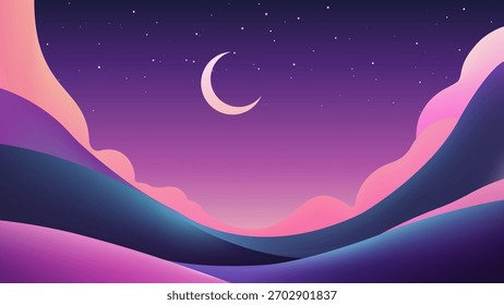 Fondo abstracto islámico minimalista moderno con Formas de gradiente fluido, una suave luna creciente brillante y efectos de desenfoque de ensueño en tonos de neón pastel. Perfecto para ramadán, eid, tarjeta, evento.
