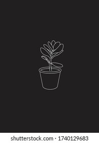 Modern and Minimalist Jade Plant in Pot White Line Art. White Line un Dark Grey