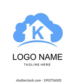 Plantilla de diseño de logotipo de nubes para el hogar de la carta inicial K minimalista moderna. Inmobiliaria, Edificio, Hipoteca, Ciberespacio, Logo Comercial de Almacenamiento de Bases de Datos