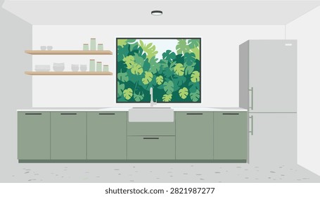 Modern minimalist kitchen interior featuring sage green cabinets, a large window with green leaves view, and fridge.