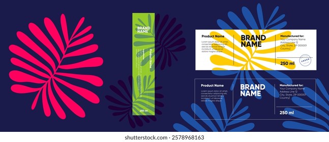 Modern minimalist label design featuring abstract leaves and bold typography. Contrasting colors and geometric layout create a stylish aesthetic.