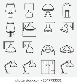 Iconos de línea de lámpara minimalista moderna: elegante juego de Vector de 12 Diseños elegantes para mesa, piso, pared, techo e iluminación de escritorio