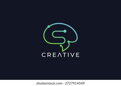 Moderne minimalistische Letter e Brain Technology Logo Design-Vorlage auf schwarzem Hintergrund