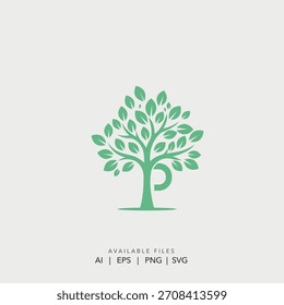 Moderne minimalistische Buchstabe P Initial-Logo-Vorlage mit Bio-Baum und Natur-Symbol