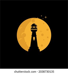 Modern, Minimalist, Light House Silhouette With Full Moon On The Background Vector Design Illustration