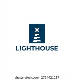 Logotipo vetor do farol minimalista moderno com luz da estrela estourar no emblema quadrado azul escuro