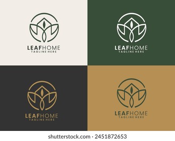 Modern minimalist line art circle leaf house logo design