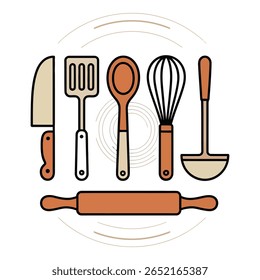 Modern minimalist line art kitchen utensil icons chef s knife spatula wooden spoon whisk ladle rolling pin warm neutral color palette