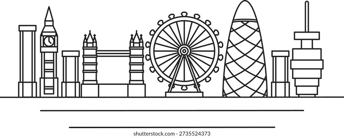 A modern, minimalist line art representation of the London skyline, featuring iconic landmarks such as Big Ben, Tower Bridge, the London Eye, and The Gherkin. This clean, black-and-white vector design is ideal for travel branding, web headers, and contemporary souvenir graphics.