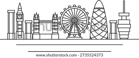 A modern, minimalist line art representation of the London skyline, featuring iconic landmarks such as Big Ben, Tower Bridge, the London Eye, and The Gherkin. This clean, black-and-white vector design is ideal for travel branding, web headers, and contemporary souvenir graphics.