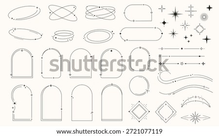 Modern minimalist line elements with stars arch frames and geometric shapes trendy linear decorative vector frame set in boho aesthetic style for branding posters invitations social media layouts